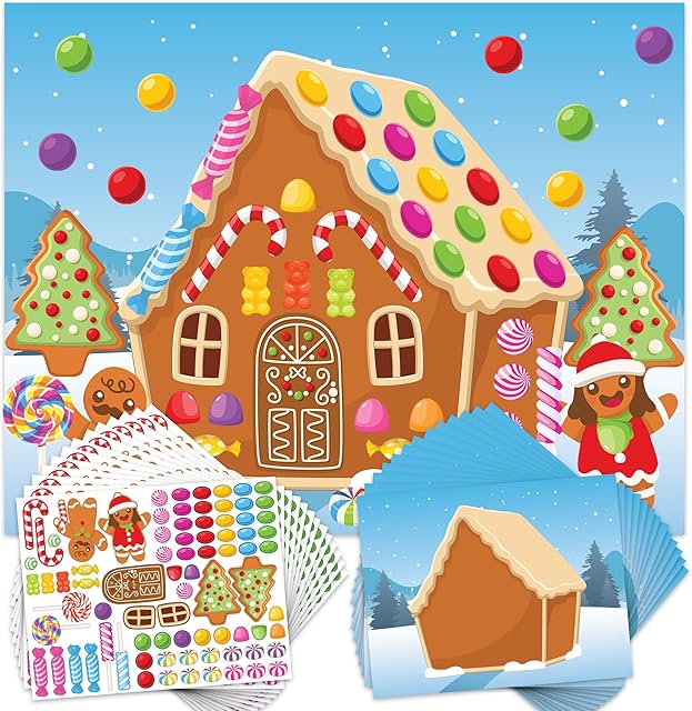 The Artcreativity Gingerbread House Craft for Kids - Gingerbread House Sticker Scene with 13 Background Sheets and 13 Sticker Sheets - 1040 Patterns - Fun Kids Christmas Activities Ages 3-9