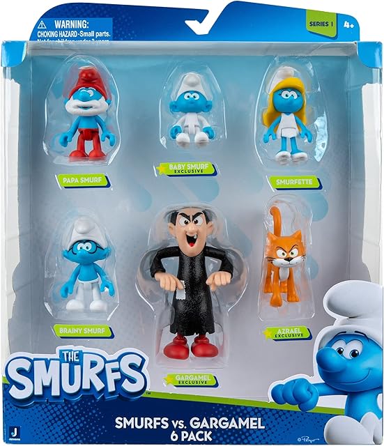 The The Smurfs GARGAMEL VS Smurfs 6 Figure Multipack - Features 2-Inch Smurfette, Papa Smurf, Brainy Smurf, Baby Smurf, Azrael, 3-Inch Gargamel - Authentic Details, Blue
