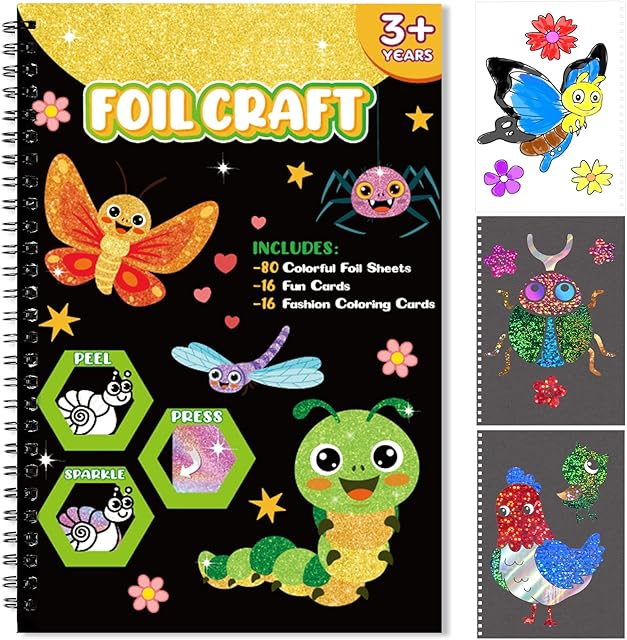 The Foil Craft Bugs Butterfly DIY Art Fun Kits Set, No Mess Creative Foil Art Drawing Game for Kids, Birthday Gifts Crafts Supplies Travel Toys for Girls Boys Ages 4-9
