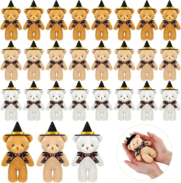 The 24 Pcs Mini Halloween Bear Bulk, Stuffed Animal Plush Bear with Cap Gift for Her, for Him, Small Halloween Present Wholesale DIY Keychain Xmas Decorations Baby Shower Party Favor