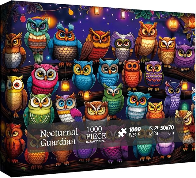 The Colorful Owl Family Puzzle 1000 Piece for Adult, Nature Bird Animal Jigsaw Puzzle, Challengling Night Forest Jungle Puzzle