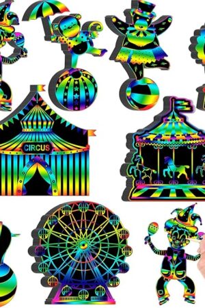 The RoundFunny 80 Pcs Carnival Cutouts Scratch Cards Circus Theme Party Crafts Kids Colorful Circus Animals Scratch Paper for DIY with 80 Pcs Stick and Ribbon for Birthday Party Classroom Rewards Art