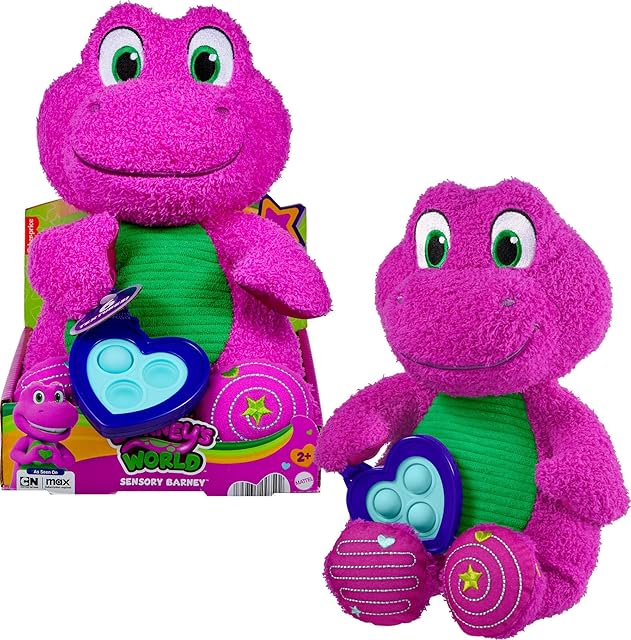 The Barney World Toddler Toy Sensory 12.75-Inch Plush with Fidget Activity & Textured Details for Kids Ages 2+ Years