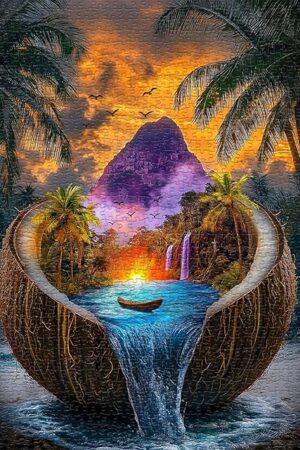 The PICKFORU Beach Puzzles for Adults 1000 Piece, Summer Fantasy Coconut Tree Landscape Jigsaw Puzzles, Nature Ocean Mountain Puzzles Scenic
