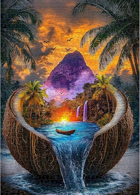 The PICKFORU Beach Puzzles for Adults 1000 Piece, Summer Fantasy Coconut Tree Landscape Jigsaw Puzzles, Nature Ocean Mountain Puzzles Scenic