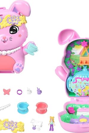The Polly Pocket Dolls and Playset, Tea Party Bunny Compact, Travel Toy with 1 Micro Doll, Pet Bunnies, Food & Fashion Styling Accessories