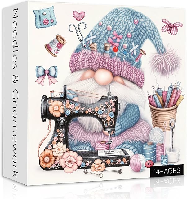 The Cute Blue Gnome Puzzles for Adults 1000 Pieces, Vintage Flower Sewing Machine Jigsaw Puzzles, Funny Challenging Puzzle as Spring Art