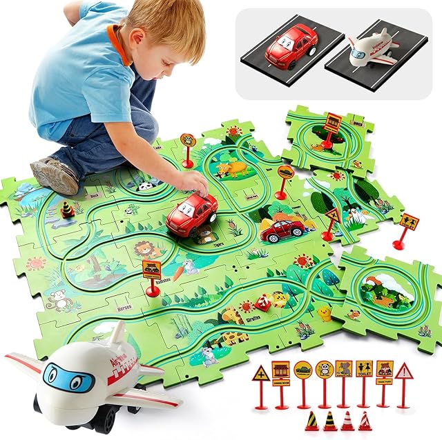 The 26 PCS Electric Puzzles Racer Kids Car Tracks for Toddlers 2-4 Year Old with Truck and Plane|Play Set for Toddlers 1-3|5 Years Old Boy Gift Game& Easter Puzzle