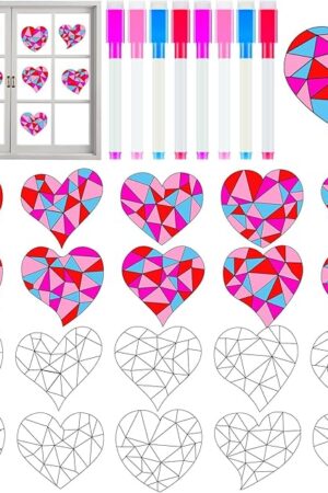 The Qyeahkj 30pcs Valentine's Day Heart Suncatchers Crafts Kit for Kids, DIY Valentines Arts Coloring Heart Window Clings Stickers Gifts with 8 Painting Markers for Home Classroom Party Decorations