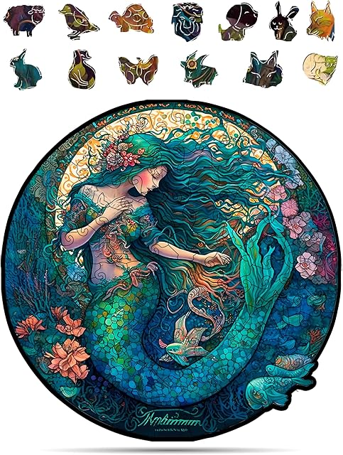The Mystical Creatures Wooden Puzzles for Adults – A3 Dreamy Mermaid with 127 Pieces Wood Puzzles – Jigsaw Puzzles with Unique Animal Shapes – 10.9"x10.9"
