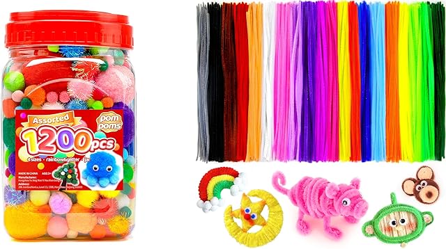The 1200pcs pom poms+1000pcs Pipe Cleaners, Art and Craft Supplies