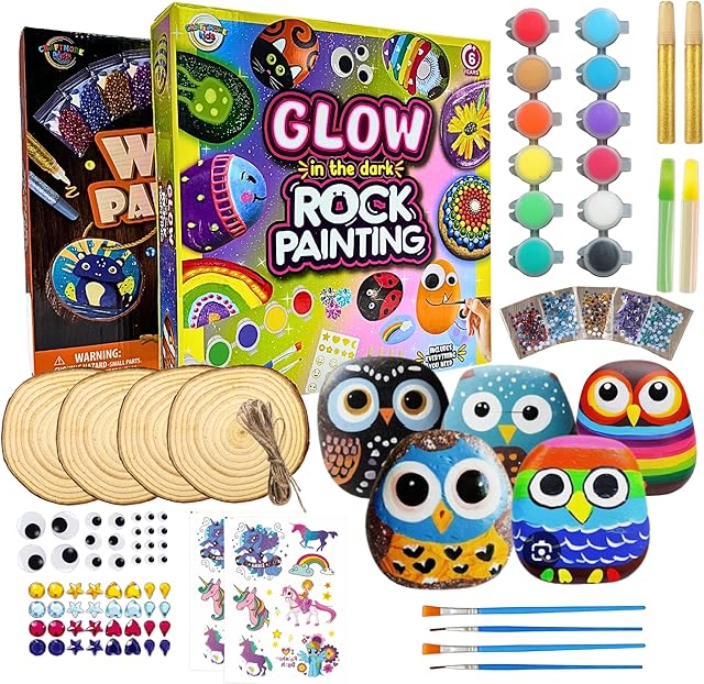 The Luna Bear | 2-in-1 Bundle | Glow in The Dark Rock Painting Kit + Wood Painting kit | for Kids 6-12 | Includes Rocks, Wood, Paint and More | Fun Loving Family Time with The Little Ones