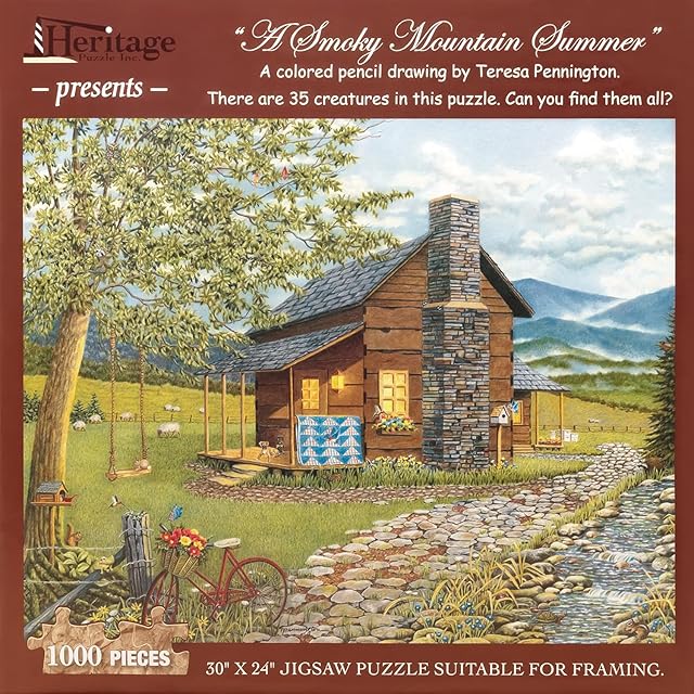 The Heritage Puzzle A Smoky Mountain Summer Jigsaw for Adults 1000 Pieces, 30" x 24" - Scenic Mountain Art by Teresa Pennington - Puzzle with Hidden Creatures - Frameable - Made in U.S.A.