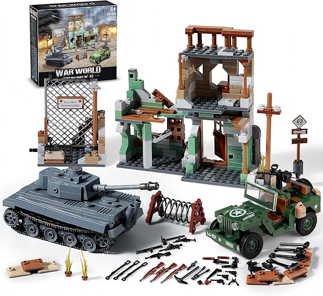 The WW2 Military Base Building Sets Compatible with Lego - Build & Play with German Tiger Tank, US Willys MB Vehicle, Bombed House, Action-Packed Army Toys Model Kit for Kids, Teens & Adults