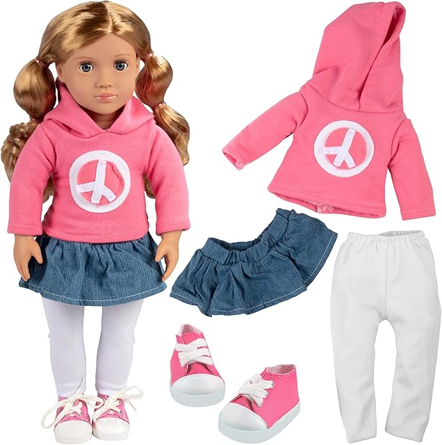 The 4pc Pink Peace Sign Hoodie Outfit- 18" Doll Clothes & Accessories Compatible w American Girl Doll- Includes Jean Skirt, Sweatshirt, White Leggings, & Sneakers- Gift Set for Girls, Kids, & Collectors