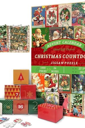 The PICKFORU Advent Calendar 2025 Puzzles for Adults 1000 Pieces，Vintage Christmas Countdown Calendar 24 Days Theme，Xmas Poster Jigsaw Puzzle as Home Decor