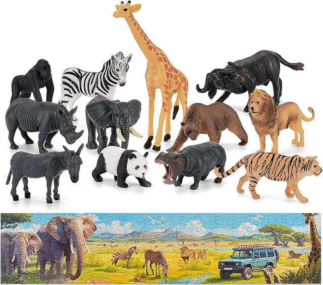 The Safari Animals Figures Toys - 12PCS Realistic Wild Plastic Animal Figurines & 108PCS 29.5'' Large African Jungle Jigsaw Puzzles Toys for Kids Toddlers, Ideal Gift for Boys and Girls