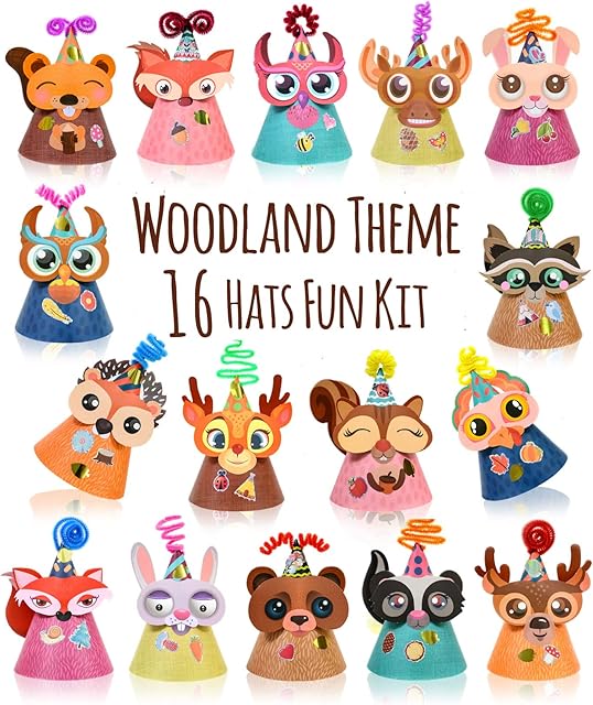 The Woodland Themed Christmas Party Hats Making Kit c/w Chenille Stems & Stickers. Group Activities, DIY Art Craft Home Project. Birthday, Easter & Fiesta Decoration for Kid