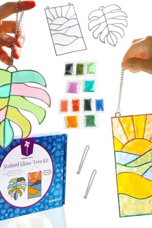 The Pinwheel Crafts DIY Stained Glass Kit for Kids - Stain Glass Art Gift Set with 2 Decorative Frames, Hanging Chain, Ring and Colored Beads - Fun Windows Art Suncatcher Kit for Kids, Teens and Adults