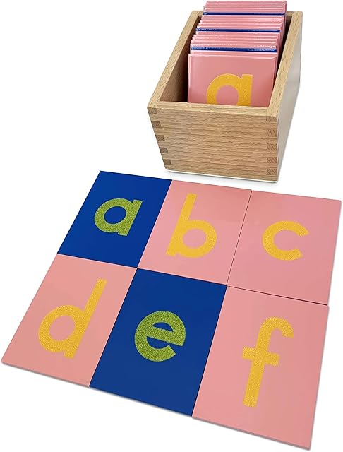The Montessori Sandpaper Letters | Lowercase | PP Wood Tiles | Vowel Consonant Color Coded | Includes Storage Box