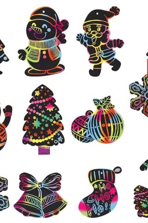 The PETCEE Christmas Ornament Crafts for Kids 24 PCS Rainbow Christmas Scratch Art Cards DIY Christmas Scratch Art Paper Ornaments Christmas Crafts Classroom Game Winter Party Favors Decorations Supplies