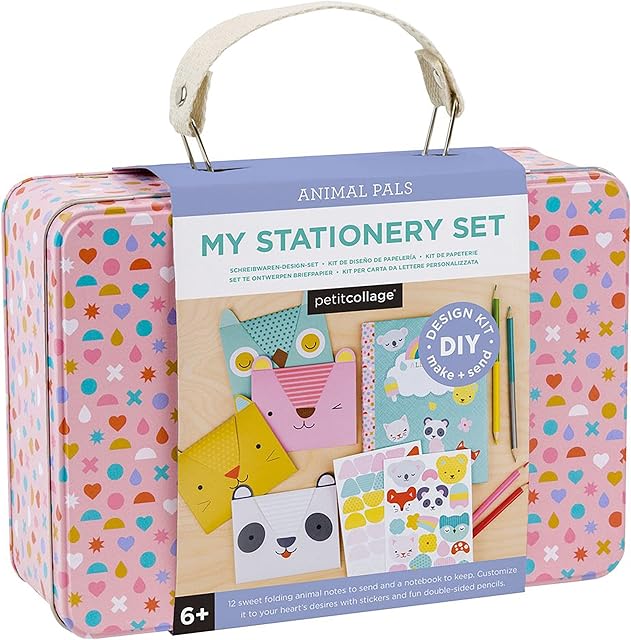 The Petit Collage DIY Arts and Crafts Kit, Stationery Design – Craft Kit for Kids Includes 12 Animal Notecards, 1 Blank Journal, 2 Sticker Sheets, 4 Colored Double-Sided Pencils & Instructions