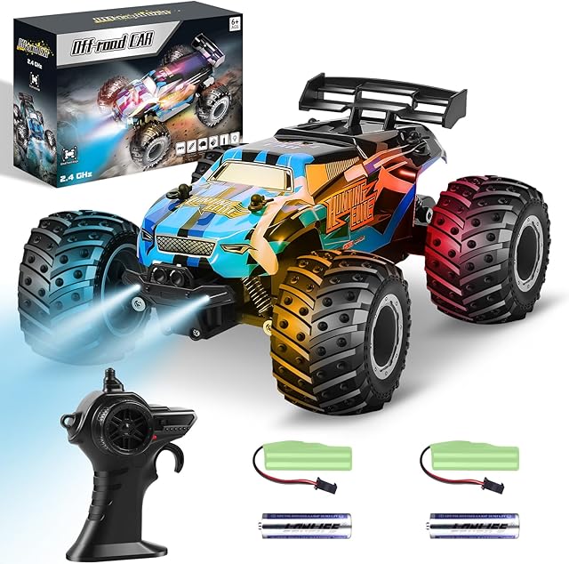 The Remote Control Car, Remote Control Truck, 2.4Ghz All Terrain Off-Road Monster Truck, 20 KM/H Rc Cars with LED Bodylight and 2 Rechargeable Batteries Toys for Boys