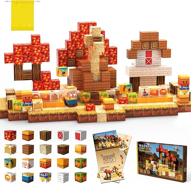 The Thanksgiving Magnetic Blocks 100 Pieces for Kids, Magnetic Tiles 3D Sensory Construction Building Farm Animals, Magnet Cubes Stacking Toys Dog Pumpkin Games for Toddlers Boys Girls Ages 3+