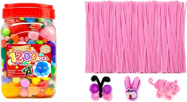 The 1200pcs pom poms+200pcs Pink Pipe Cleaners, Art and Craft Supplies