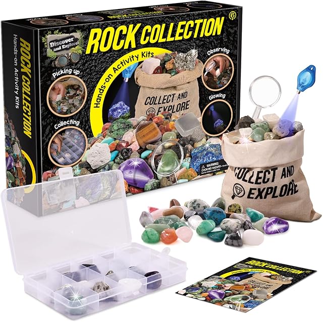 The Rock Collection for Kids, 12 Specimens Box + 700g Real Crystals & Minerals STEM Gemstone Kit for Kids with Rock Identifier & Magnifier, Educational Geology Gift for Boys Girls Ages 6-12