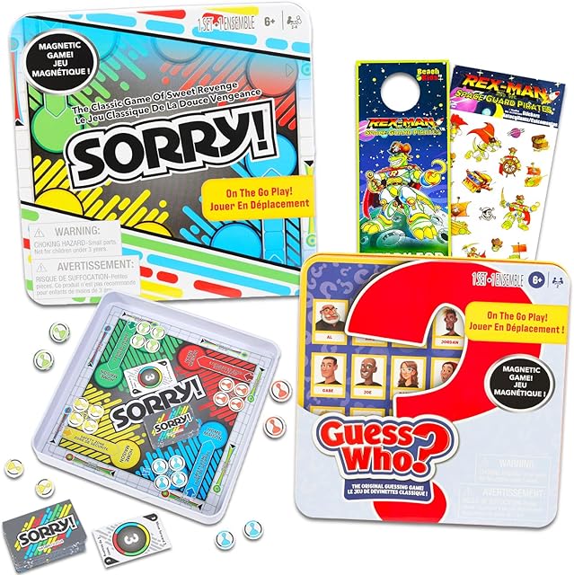 The Magnetic Game Travel Set for Kids - Bundle with 2 Travel Games in Tin Featuring Sorry, Guess Who Plus Stickers, More | Hasbro Travel Games for Kids 8-12