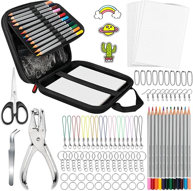 The 196Pcs Shrinky Dink Sheets Kit with Case, Shrink Plastic Sheet, Shrinky Dink Kit Include 20PCS Shrink Art Paper and 175 PCS Keychain Accessories for Creative Art Craft