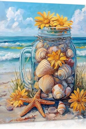 The PICKFORU Beach Puzzles for Adults 1000 Pieces, Coastal Seashell Jar Puzzle Sunflowers Starfish，Summer Ocean Jigsaw Puzzles Painting，Nature Challenge for Adults