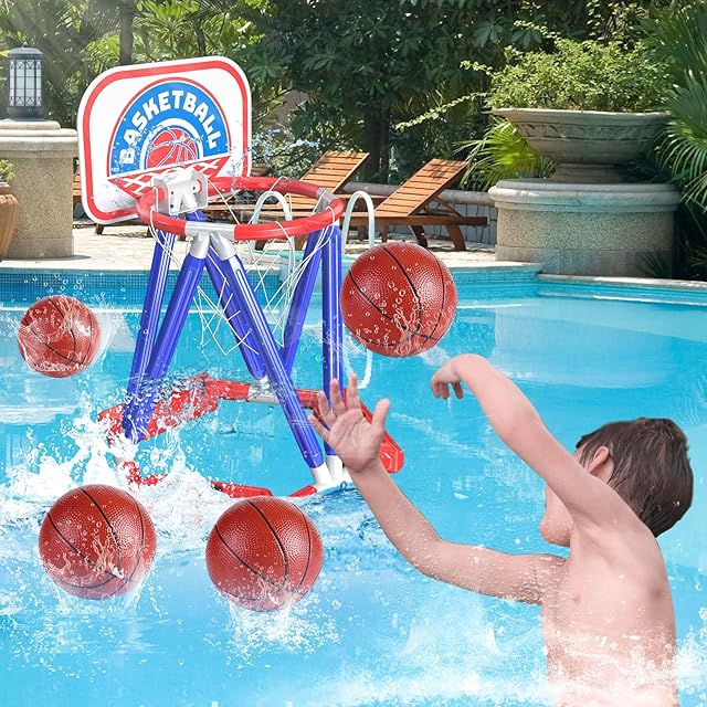 The Swimming Basketball Hoop for Pool - Above Ground Floating Hoops with Backboard and 4 Balls,Summer Water Outdoor Indoor Games Set for Kids,Cool Family Play Fun Gifts Toy for Boys Girls Adults (Blue)