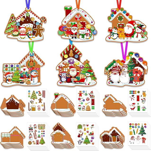 The HOWAF 24 Pcs Gingerbread House Craft Kits Christmas Stickers Decorations Make Your Own Gingerbread House Scenes Ornament, DIY Gingerbread House Crafts for Xmas Holiday Activity Party Supplies