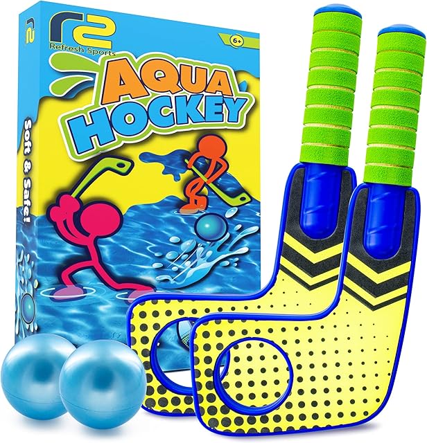 The Fun Mini Hockey Sticks Game - Play at the Pool & Beach or in Home - For Kids & Adults All Ages - Use The Floating Soft Paddles to Shoot the Water Skipping Balls - Comes With 2 Sticks & 2 Balls