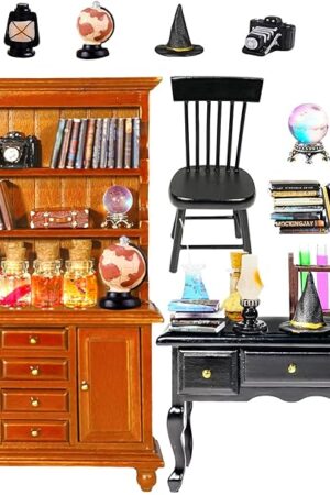 The Rileryan 54 Pcs 1:12 Scale Magic Witchy House Kit Halloween Miniatures Furnitures Accessories Mini Wooden Bookshelf Bookcase 30 Mini Books Desk Chair Halloween Decoration Gift