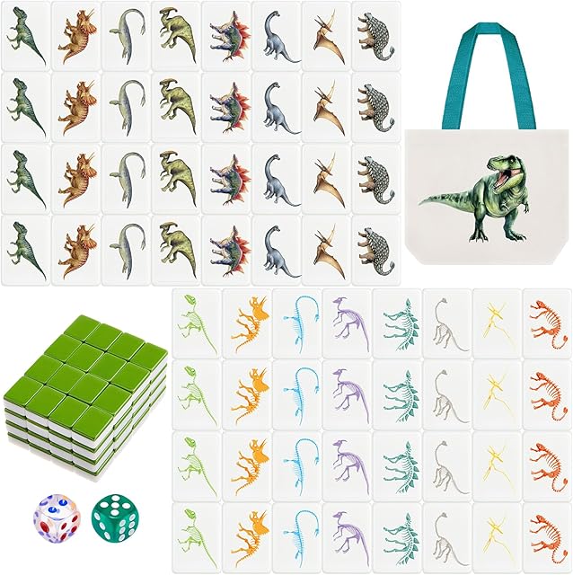The 65 Tiles 30 mm Dinosaur Mahjong Block Set with Storage Bags 2 Player Mahjong Push Tile Game Pattern No DIY Required for Friend Family Game Night Party Gift