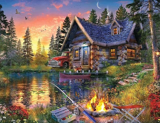 The Springbok Sun Kissed Cabin 500 Piece Jigsaw Puzzle for Adults Features a Fishing Cabin by The Lake in a Colorful Illustration