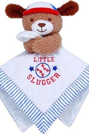The Plush 13 inch Puppy Snuggle Buddy with Toy Rattle, Little Slugger Baseball Embroidery and Satin, White with Stripe Trim