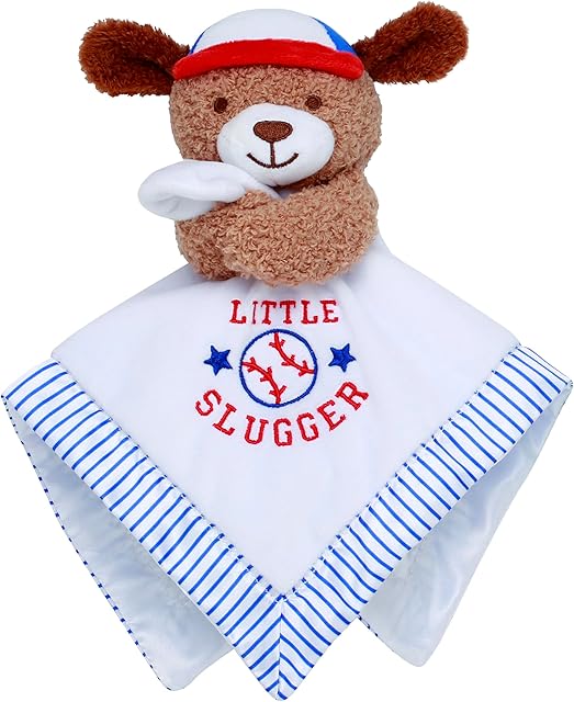 The Plush 13 inch Puppy Snuggle Buddy with Toy Rattle, Little Slugger Baseball Embroidery and Satin, White with Stripe Trim