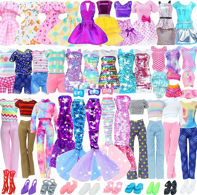 The 20pcs Doll Clothes and Accessories Including Random 10 Outfits Fashion Sequin Dresses Tops Bottoms Pants Short Skirt Swimsuit Bikini and Random 10 Shoes Dollhouse Accessories for 11.5 inch Girl Doll