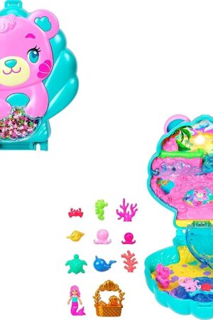 The Polly Pocket Dolls and Playset, Glitter Island Compact, Travel Toy with 1 Micro Mermaid Doll, Ocean Pets & Themed Accessories
