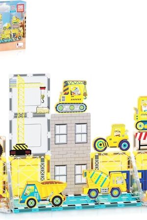 The PicassoTiles Magnetic Tile Construction Set with 8 Vehicle Figures and 18 Printed Panels STEM Educational Building Kit for Kids Age 3 Plus Creative Play Learning Blocks Motor Skills Development PTQ21