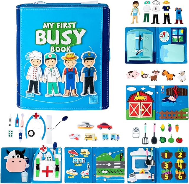 The My First Montessori Busy Books for Toddlers 3-5–Educational Quiet Book with Life Skills Activities,Airplane Travel Toy&Autism Sensory Felt Book for Kids,Montessori Toys for 3 4 5 Years(4 Career Roles)