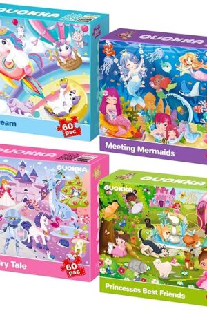 The QUOKKA Puzzles for Kids Ages 4-6 - Set of 4x60 Jigsaw Puzzles for Toddlers 3-5 - Unicorn Princess Animals Toys for Children 6-8 yo - Gift Educational Game for Boys & Girls