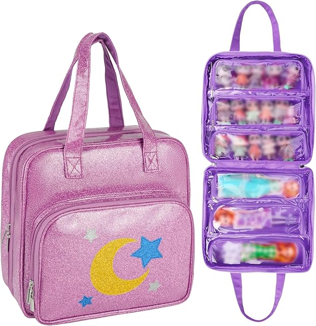 The Dolls Carrying Case Compatible with LOL Surprise Dolls All,Hanging Travel Toys Storage Tote Bag with 6 Clear Pockets for Girls,Purple