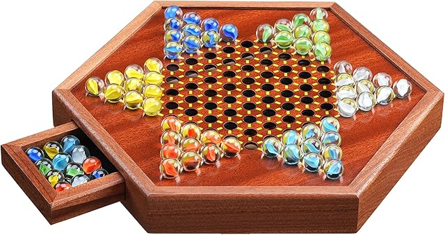 The 14.2" Wooden Chinese Checkers Board Game with Storage Drawer | 6-Player Marble Strategy Game | Classic Family Board Game for Kids & Adults | 16mm 60+12 Colorful Glass Marbles, More Easy Grasping