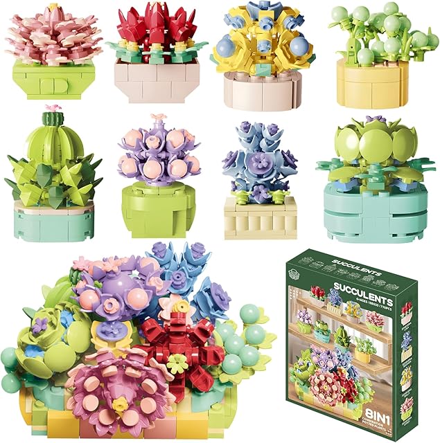 The Flowers Succulent Building Plant BlockSet Toys 8 Pack, Romantic Gifts and Birthday Gifts for Adults, Gifts Ideas for Girls Women,Office and Home Decoration Plant Collections