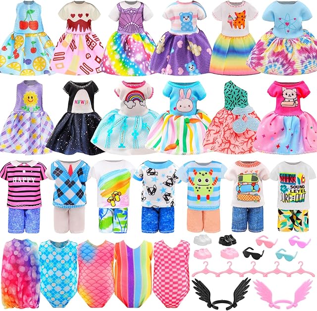 The Miunana 25 PCS 5.3 Inch Girl Doll Clothes Dress Outfits and Shoes for Girl Doll Clothing with 4 Pairs of Shoes for 4-6 Inch Girl Dolls Clothes and Accessories Doll Top and Pants Doll Wings